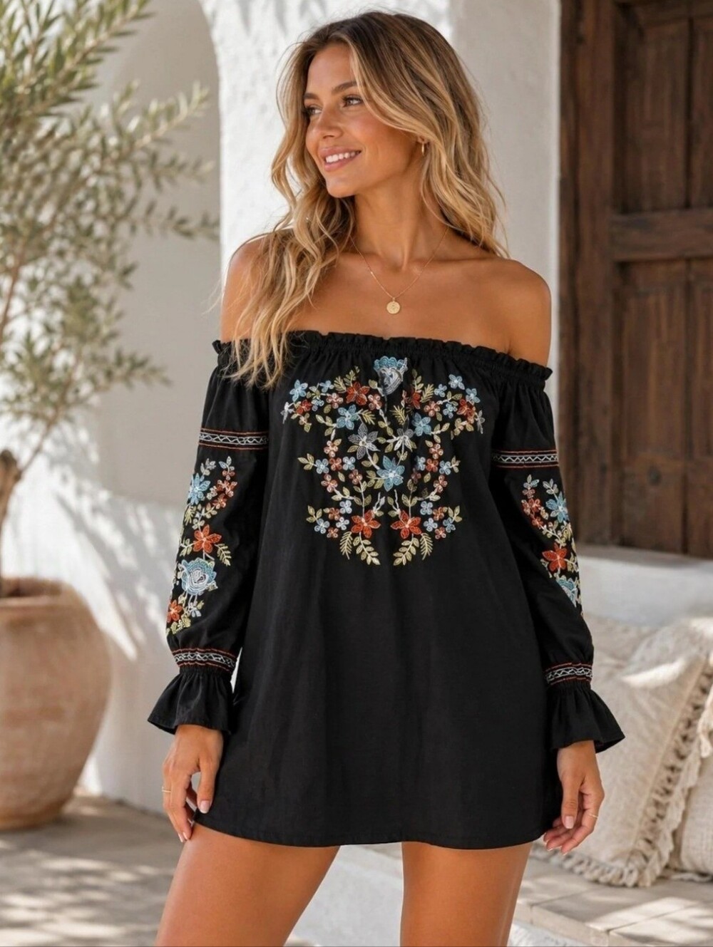 Free People Fleur Du Jour Mini Dress Off Shoulder Long Puff Sleeves Black Small